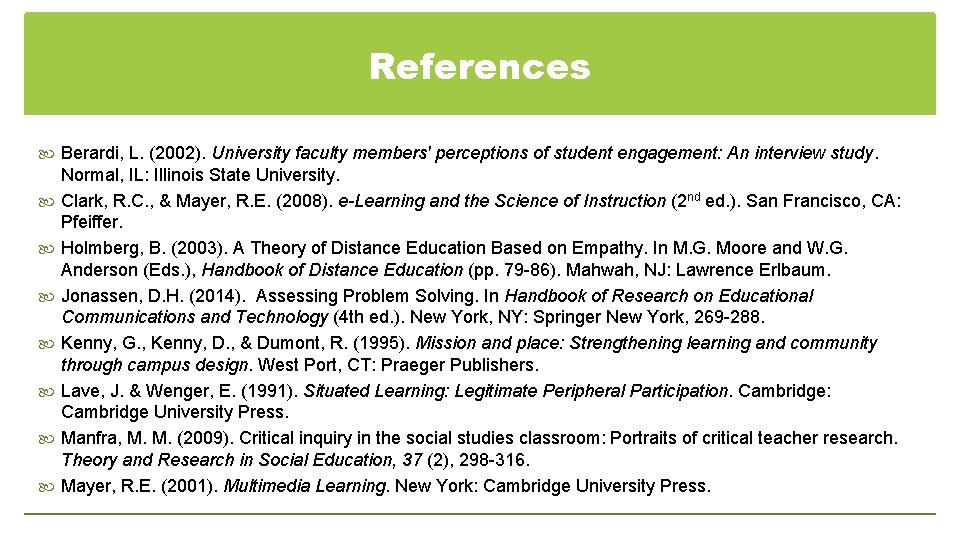 References Berardi, L. (2002). University faculty members' perceptions of student engagement: An interview study.