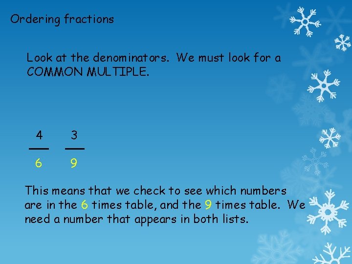 Ordering fractions Look at the denominators. We must look for a COMMON MULTIPLE. 4