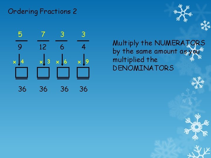 Ordering Fractions 2 5 7 3 3 9 12 6 4 x 6 x