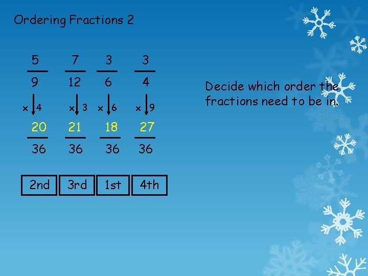 Ordering Fractions 2 5 7 3 3 9 12 6 4 x 6 x