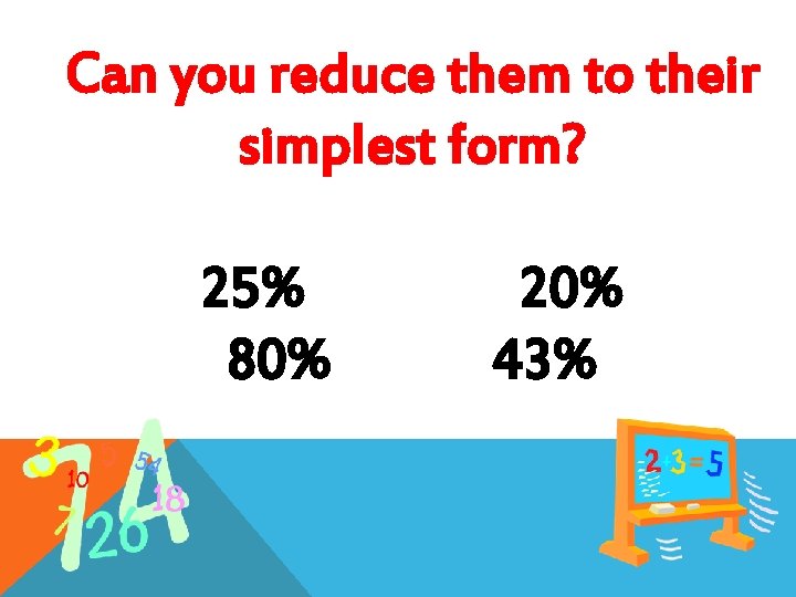 Can you reduce them to their simplest form? 25% 80% 20% 43% 