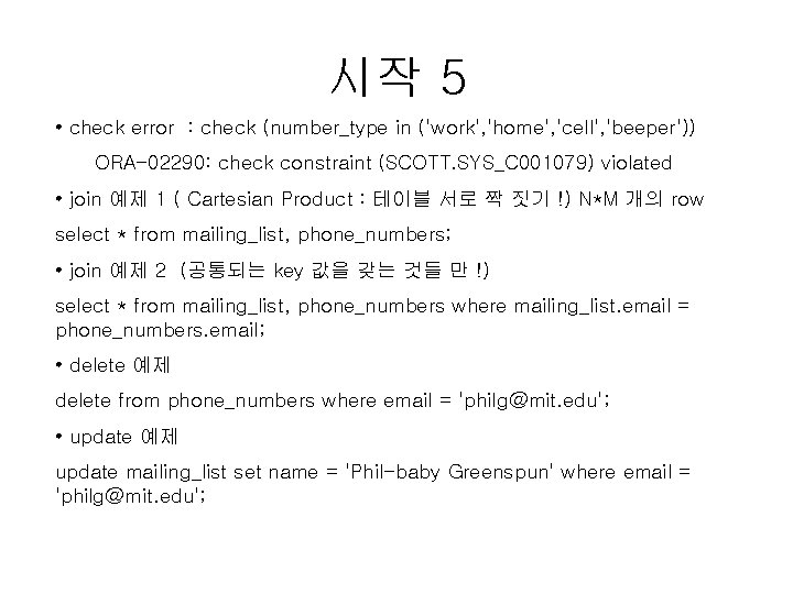 시작 5 • check error : check (number_type in ('work', 'home', 'cell', 'beeper')) ORA-02290: