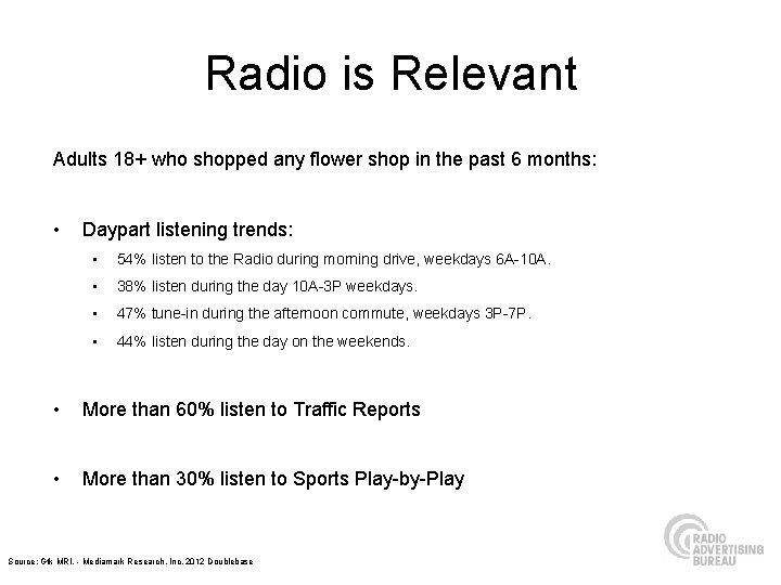 Radio is Relevant Adults 18+ who shopped any flower shop in the past 6