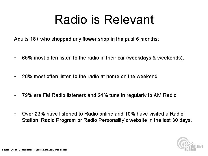 Radio is Relevant Adults 18+ who shopped any flower shop in the past 6