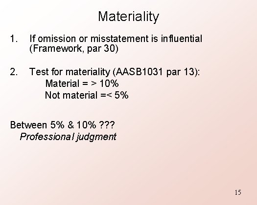 Materiality 1. If omission or misstatement is influential (Framework, par 30) 2. Test for