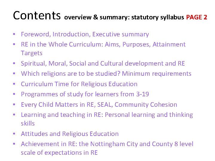 Contents overview & summary: statutory syllabus PAGE 2 • Foreword, Introduction, Executive summary •