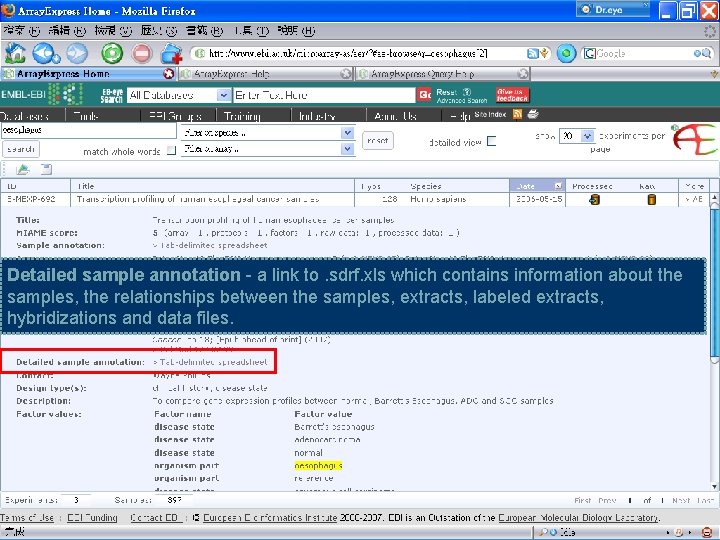 Detailed sample annotation - a link to. sdrf. xls which contains information about the