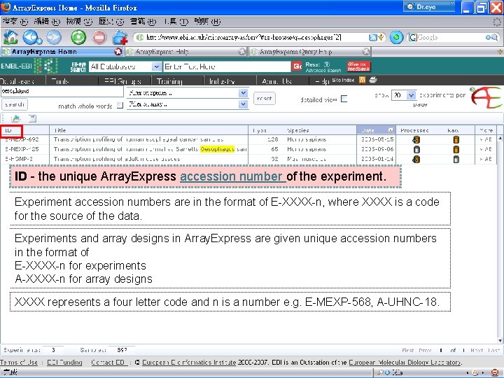ID - the unique Array. Express accession number of the experiment. Experiment accession numbers