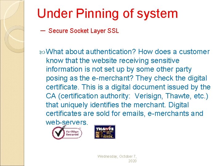 Under Pinning of system – Secure Socket Layer SSL What about authentication? How does