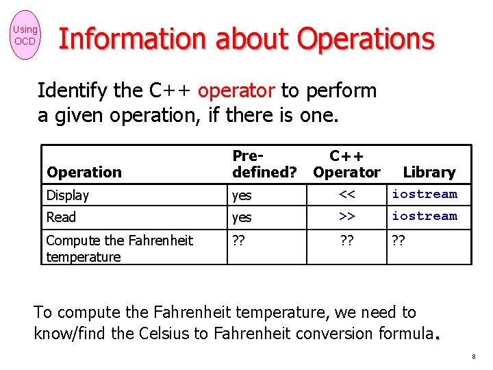 Using OCD Information about Operations Identify the C++ operator to perform a given operation,
