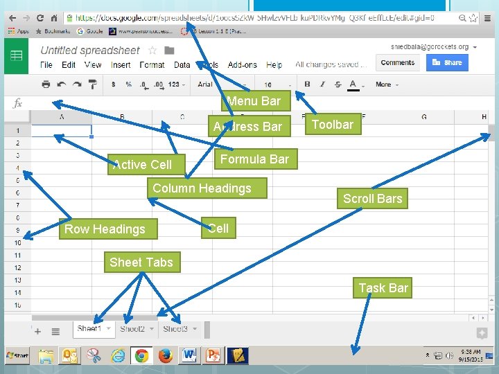 Menu Bar Address Bar Active Cell Formula Bar Column Headings Row Headings Toolbar Scroll