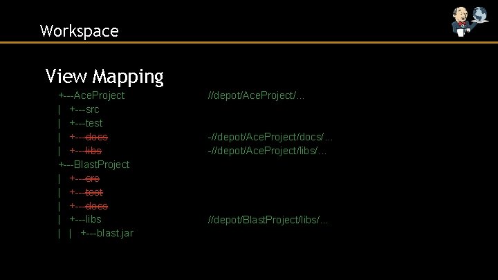 Workspace View Mapping +---Ace. Project | +---src | +---test | +---docs | +---libs +---Blast.