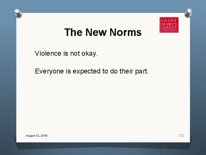 The New Norms Violence is not okay. Everyone is expected to do their part.