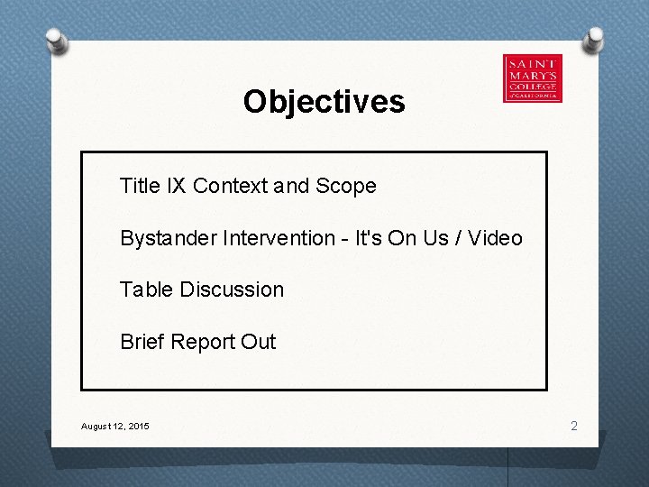Objectives Title IX Context and Scope Bystander Intervention - It's On Us / Video