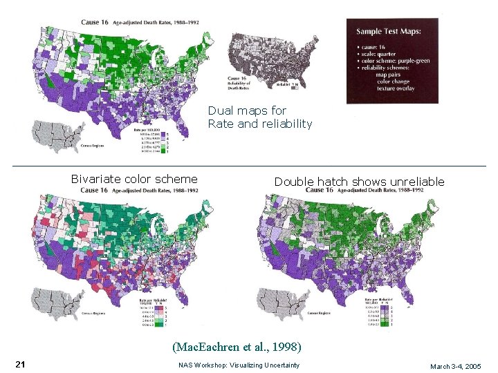 Dual maps for Rate and reliability Bivariate color scheme Double hatch shows unreliable (Mac.