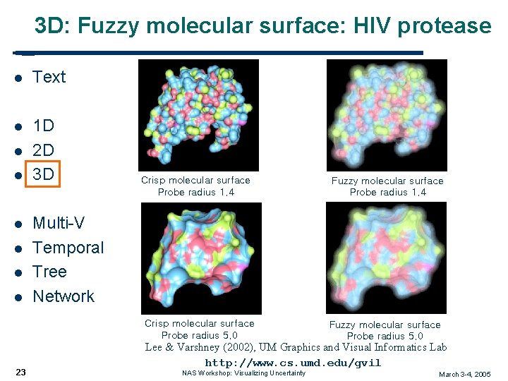 3 D: Fuzzy molecular surface: HIV protease l Text l 1 D 2 D