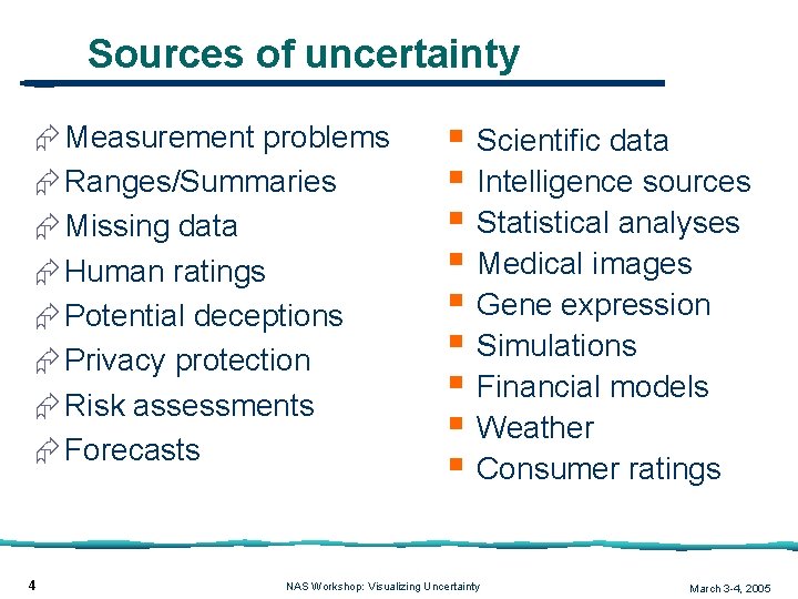 Sources of uncertainty Æ Measurement problems Æ Ranges/Summaries Æ Missing data Æ Human ratings