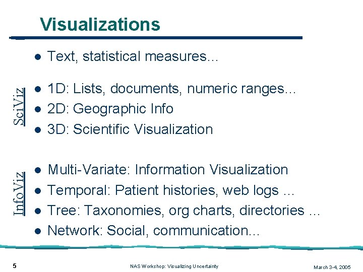 Info. Viz Sci. Viz Visualizations l Text, statistical measures… l 1 D: Lists, documents,