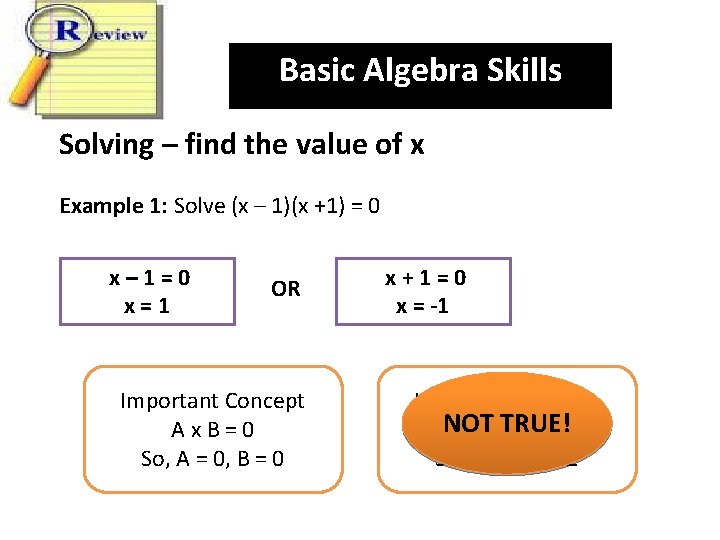 Basic Algebra Skills Solving – find the value of x Example 1: Solve (x
