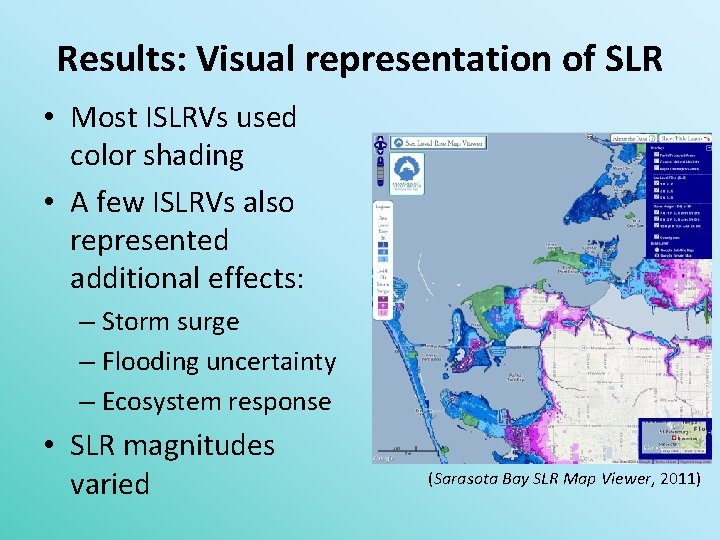 Results: Visual representation of SLR • Most ISLRVs used color shading • A few