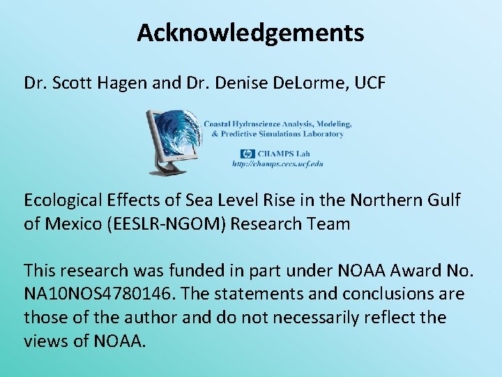 Acknowledgements Dr. Scott Hagen and Dr. Denise De. Lorme, UCF Ecological Effects of Sea