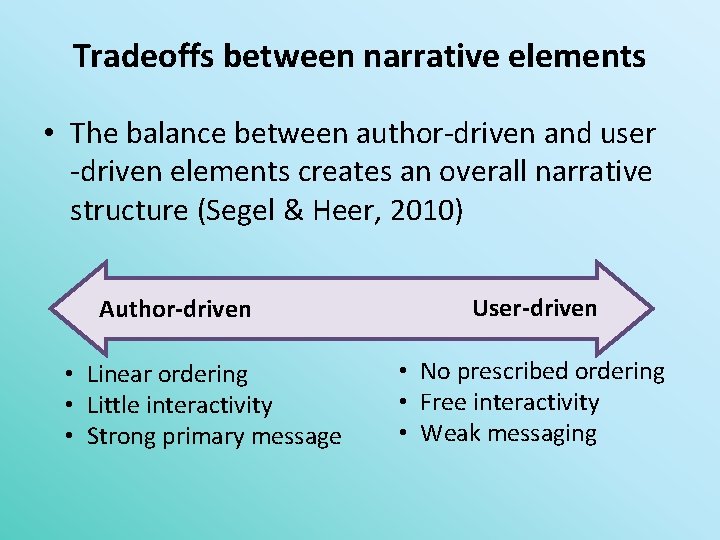 Tradeoffs between narrative elements • The balance between author-driven and user -driven elements creates