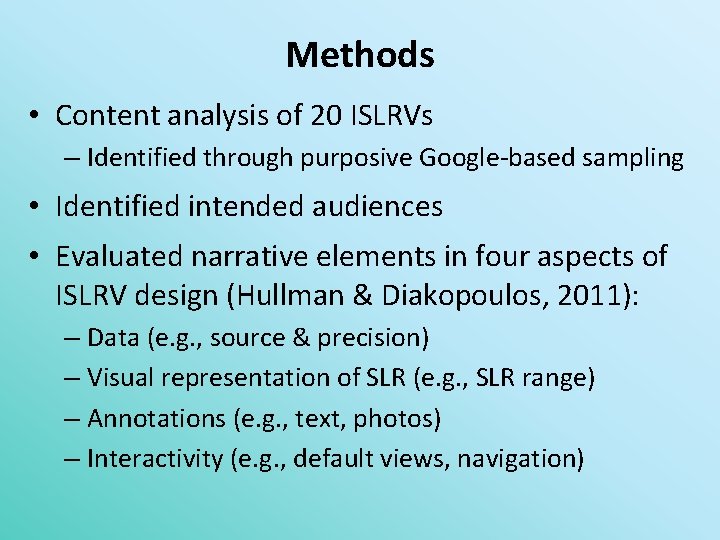 Methods • Content analysis of 20 ISLRVs – Identified through purposive Google-based sampling •