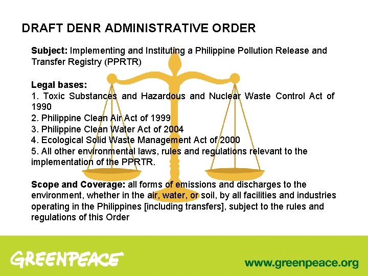 DRAFT DENR ADMINISTRATIVE ORDER Subject: Implementing and Instituting a Philippine Pollution Release and Transfer