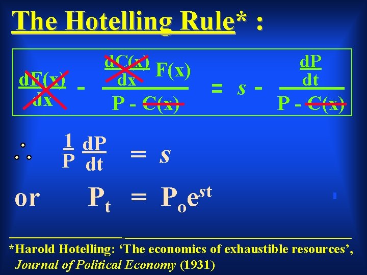 The Hotelling Rule* : d. F(x) dx d. C(x) F(x) dx P - C(x)