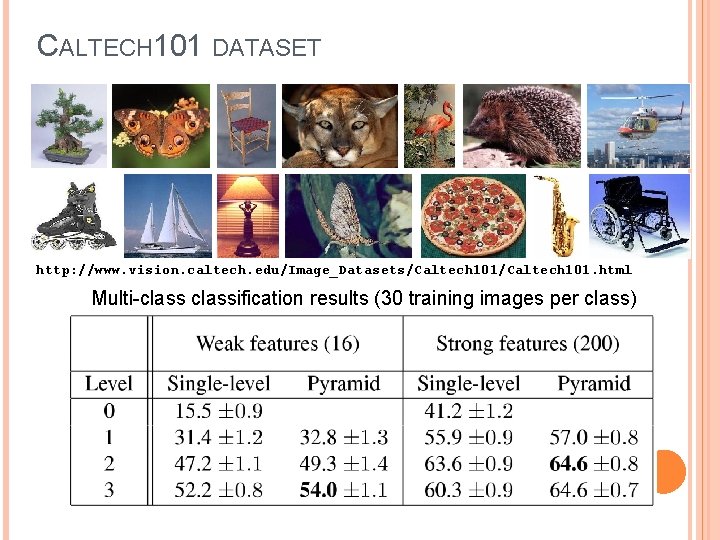 CALTECH 101 DATASET http: //www. vision. caltech. edu/Image_Datasets/Caltech 101. html Multi-classification results (30 training