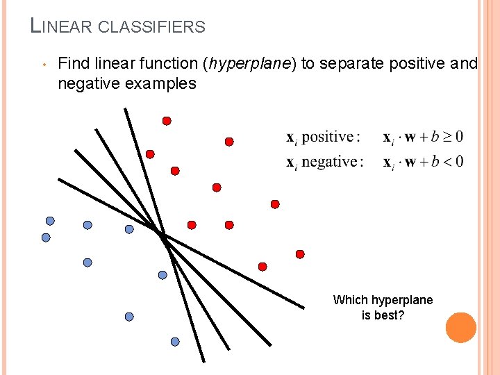 LINEAR CLASSIFIERS • Find linear function (hyperplane) to separate positive and negative examples Which