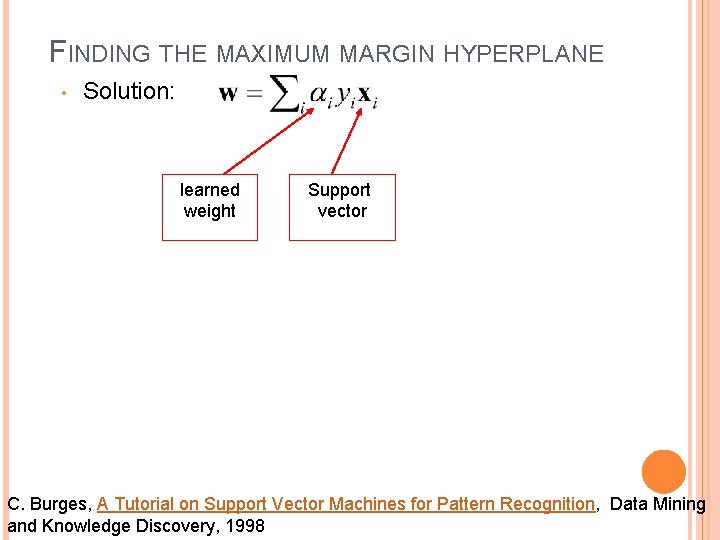 FINDING THE MAXIMUM MARGIN HYPERPLANE • Solution: learned weight Support vector C. Burges, A