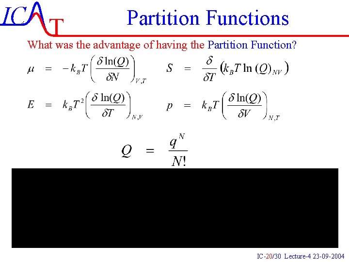 IC T Partition Functions What was the advantage of having the Partition Function? IC-20/30