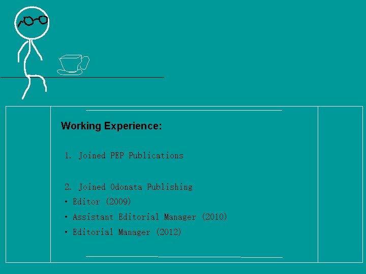 Working Experience: 1. Joined PEP Publications 2. Joined Odonata Publishing • Editor (2009) •