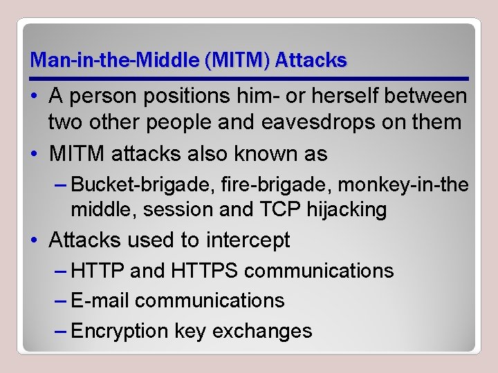 Man-in-the-Middle (MITM) Attacks • A person positions him- or herself between two other people
