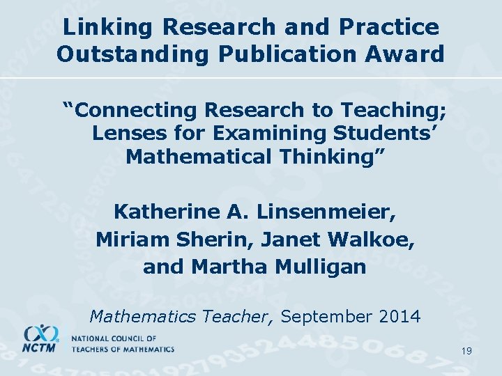 Linking Research and Practice Outstanding Publication Award “Connecting Research to Teaching; Lenses for Examining