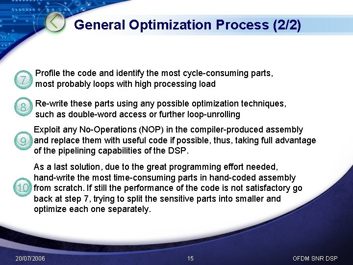 General Optimization Process (2/2) 7 Profile the code and identify the most cycle-consuming parts,