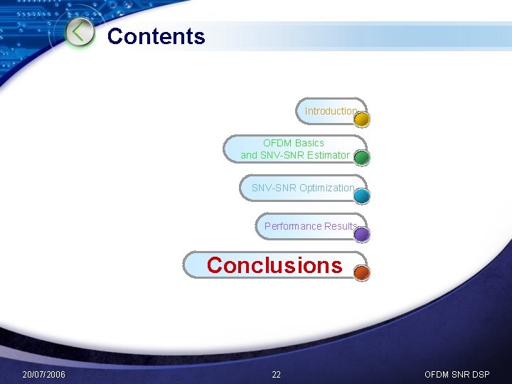 Contents Introduction OFDM Basics and SNV-SNR Estimator SNV-SNR Optimization Performance Results Conclusions 20/07/2006 22