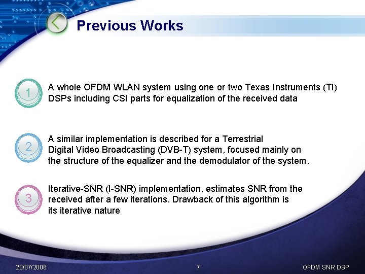 Previous Works 1 A whole OFDM WLAN system using one or two Texas Instruments