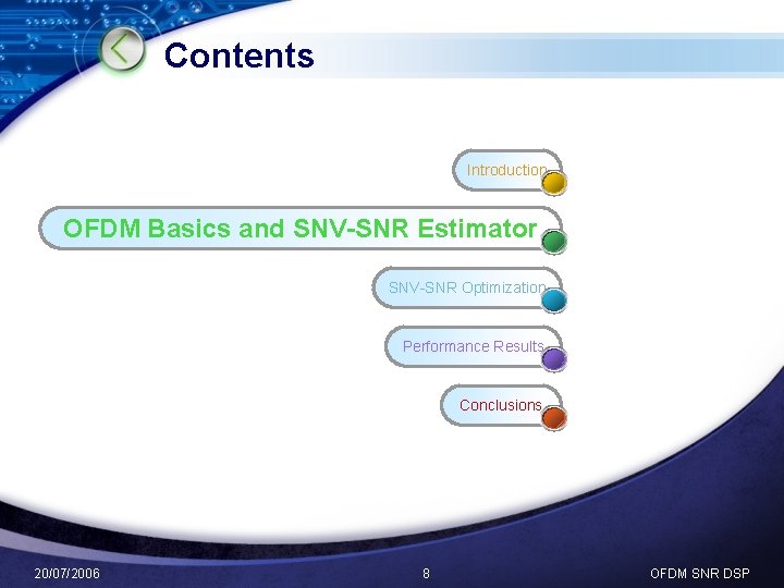 Contents Introduction OFDM Basics and SNV-SNR Estimator SNV-SNR Optimization Performance Results Conclusions 20/07/2006 8