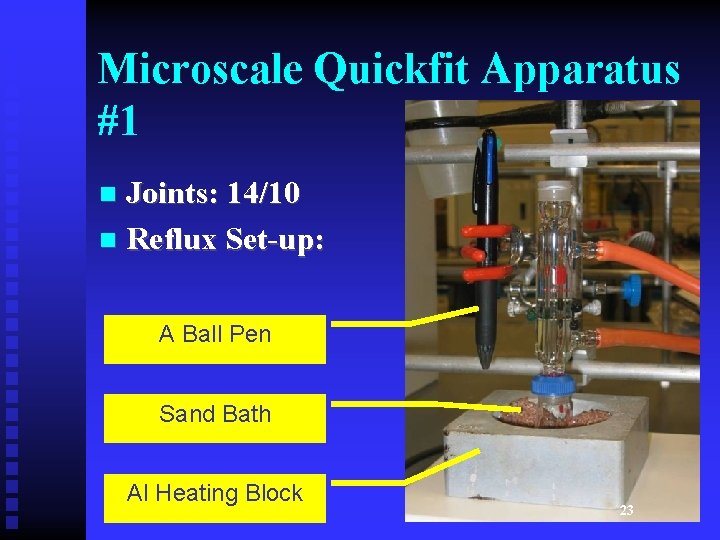 Microscale Quickfit Apparatus #1 Joints: 14/10 n Reflux Set-up: n A Ball Pen Sand