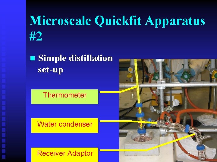 Microscale Quickfit Apparatus #2 n Simple distillation set-up Thermometer Water condenser Receiver Adaptor 24