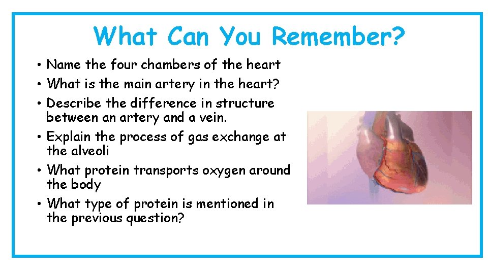 What Can You Remember? • Name the four chambers of the heart • What