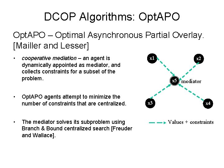 DCOP Algorithms: Opt. APO – Optimal Asynchronous Partial Overlay. [Mailler and Lesser] • •