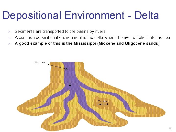 Depositional Environment - Delta Ø Ø Ø Sediments are transported to the basins by
