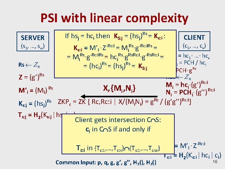 PSI with linear complexity SERVER (s 1, …, sw) Rs q Z = (g’)Rs