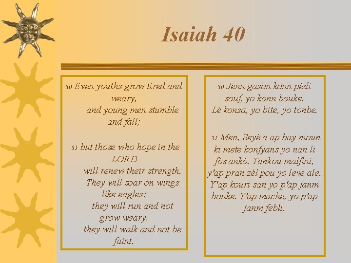 Isaiah 40 Even youths grow tired and 30 weary, and young men stumble and
