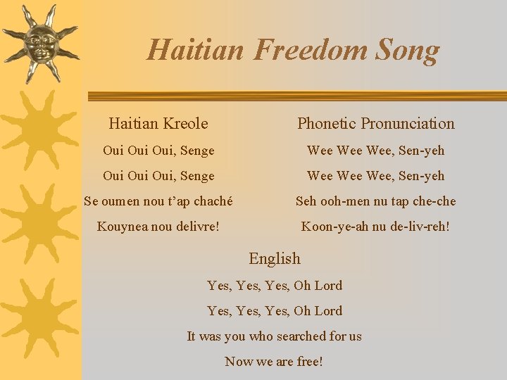 Haitian Freedom Song Haitian Kreole Phonetic Pronunciation Oui Oui Oui, Senge Wee Wee Wee,