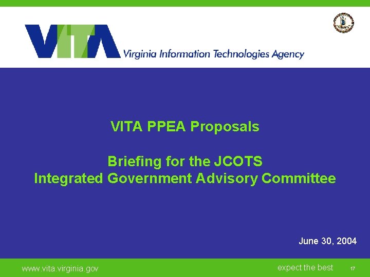 VITA PPEA Proposals Click to add a subtitle Briefing for the JCOTS Integrated Government