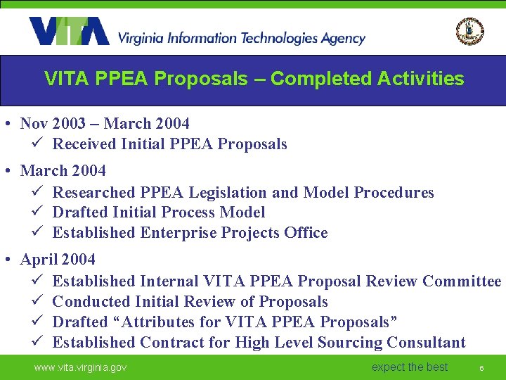 VITA PPEA Proposals – Completed Activities • Nov 2003 – March 2004 ü Received